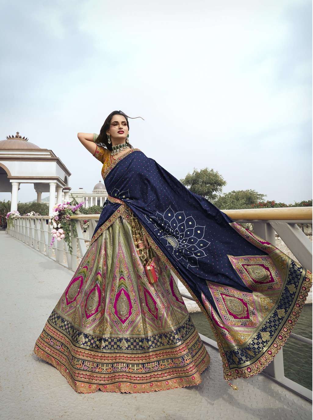 DESIGNER BRIDAL WEDDING PARTY WEAR MULTICOLOR BANARASI SILK LEHENGA CHOLI WITH AARI WORK SM ROYAL 10302
