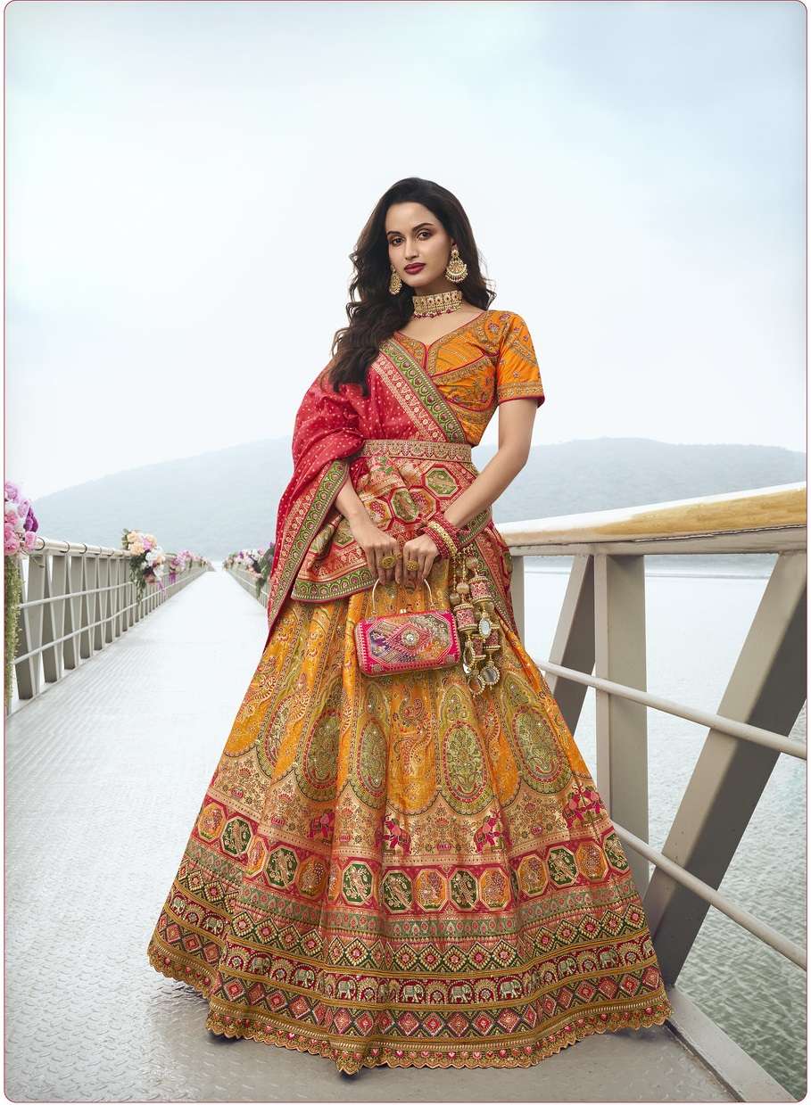 DESIGNER BRIDAL WEDDING PARTY WEAR MULTICOLOR BANARASI SILK LEHENGA CHOLI WITH AARI WORK SM ROYAL 10303