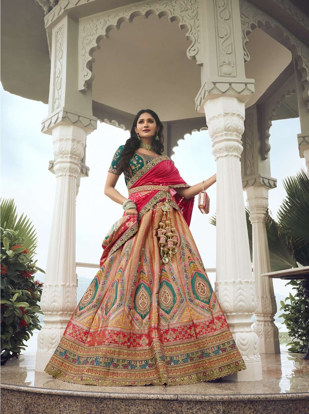 DESIGNER BRIDAL WEDDING PARTY WEAR MULTICOLOR BANARASI SILK LEHENGA CHOLI WITH AARI WORK SM ROYAL 10304