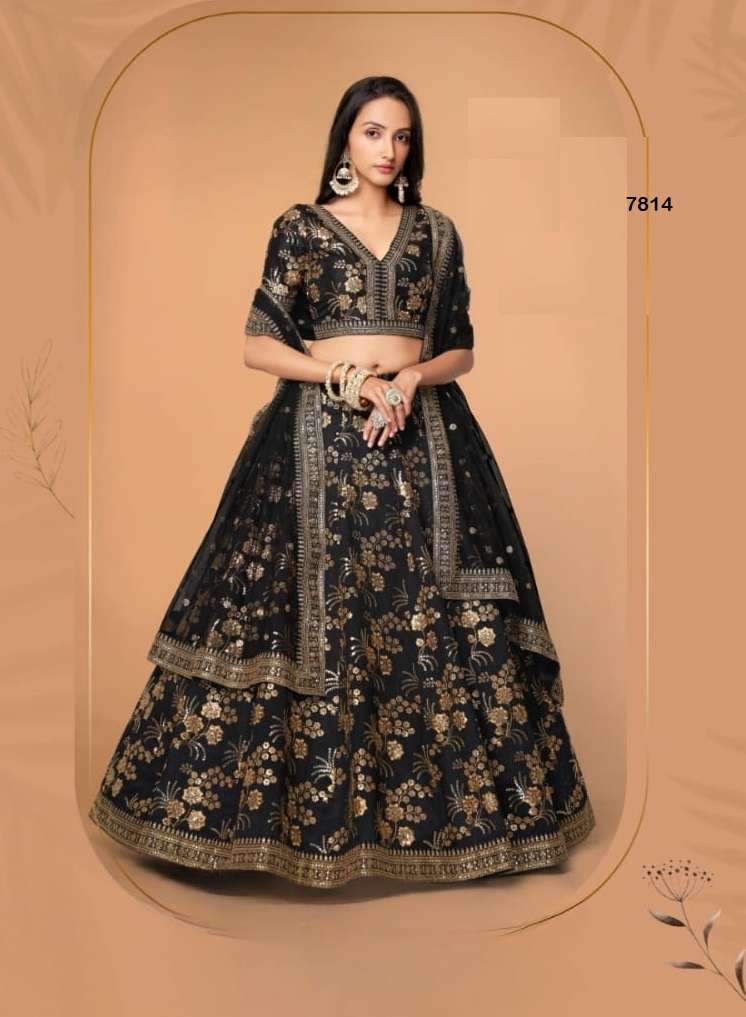 DESIGNER FANCY WEDDING PARTY WEAR BLACK SILK LEHENGA CHOLI WITH DUPATTA ZC 7814