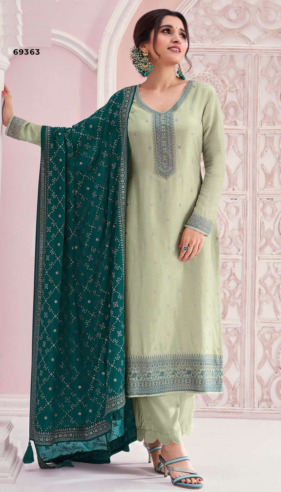 DESIGNER FANCY WEDDING PARTY WEAR GREEN SILK SHARARA SALWAR SUIT NMN VINAY SIYA 69363