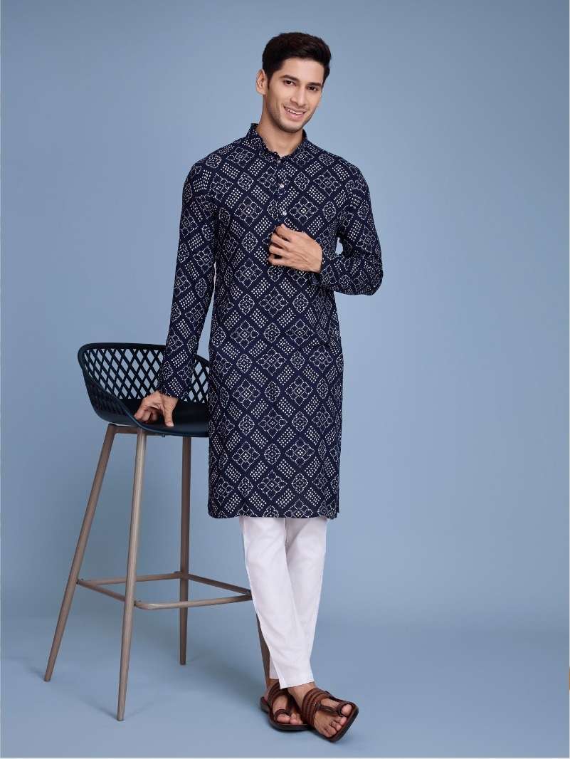 DESIGNER FANCY WEDDING PARTY WEAR HEAVY BLUE RAYON COTTON READYMADE MENS INDIAN KURTA KF VASTRA 6032