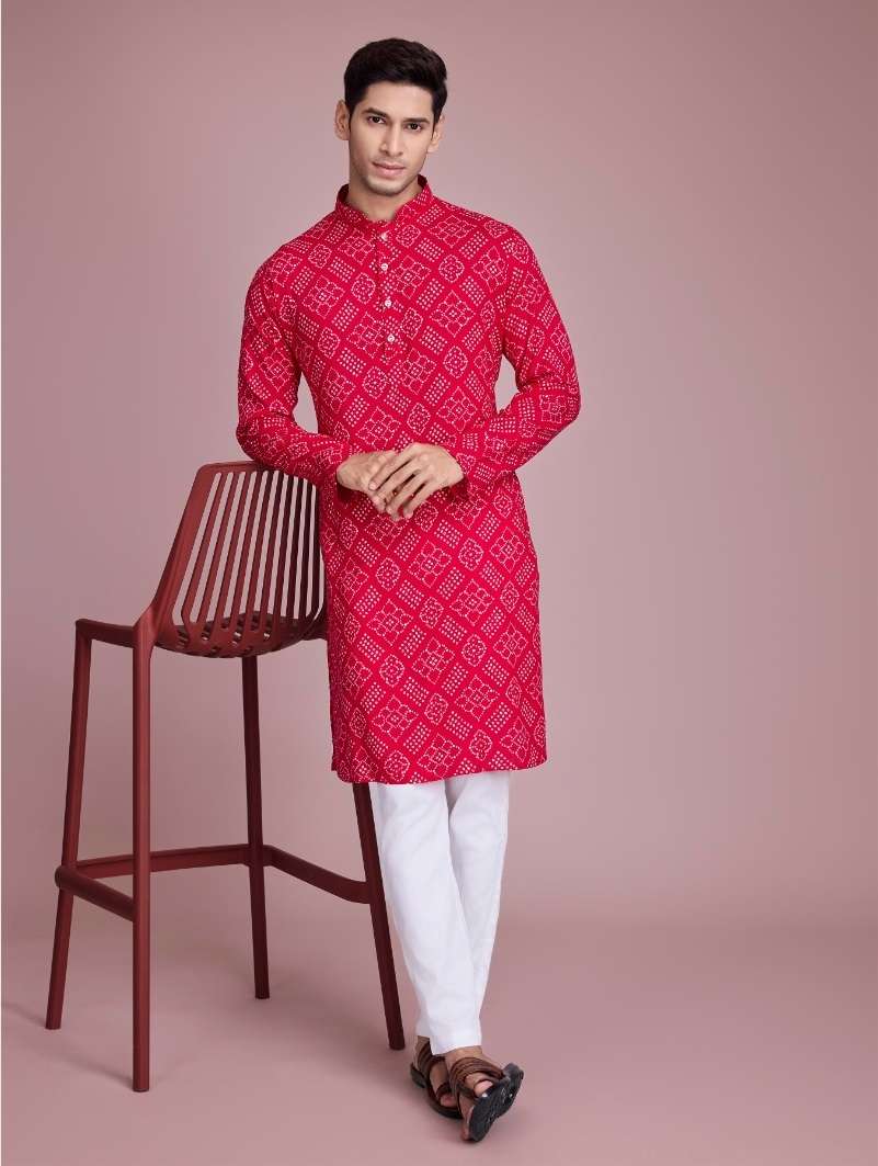 DESIGNER FANCY WEDDING PARTY WEAR HEAVY PINK RAYON COTTON READYMADE MENS INDIAN KURTA KF VASTRA 6033