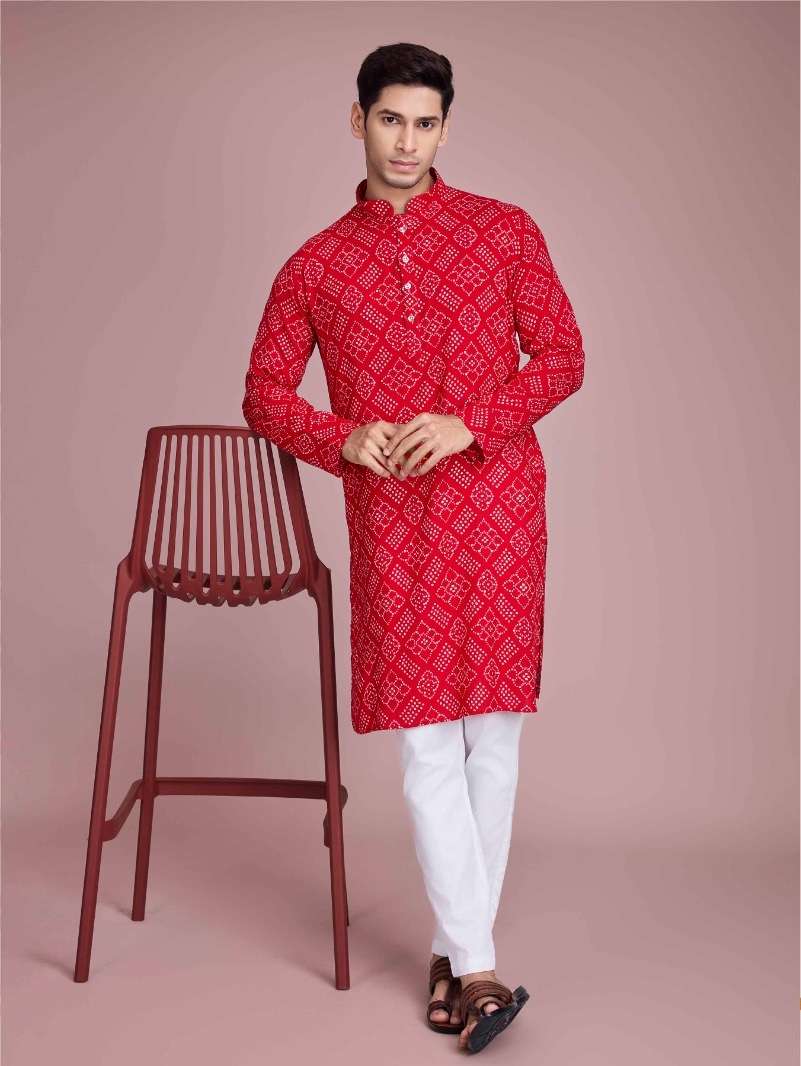 DESIGNER FANCY WEDDING PARTY WEAR HEAVY RED RAYON COTTON READYMADE MENS INDIAN KURTA KF VASTRA 6034