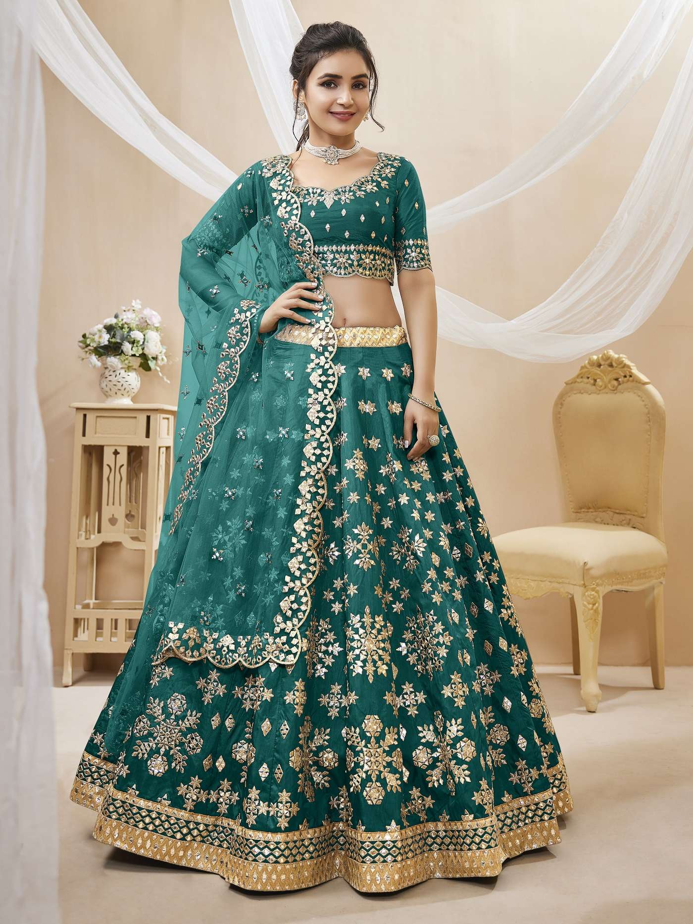 DESIGNER FANCY WEDDING PARTY WEAR INDIAN ART SILK GREEN BRIDAL LEHENGA CHOLI WITH NET DUPATTA ZC ANGELIC 501