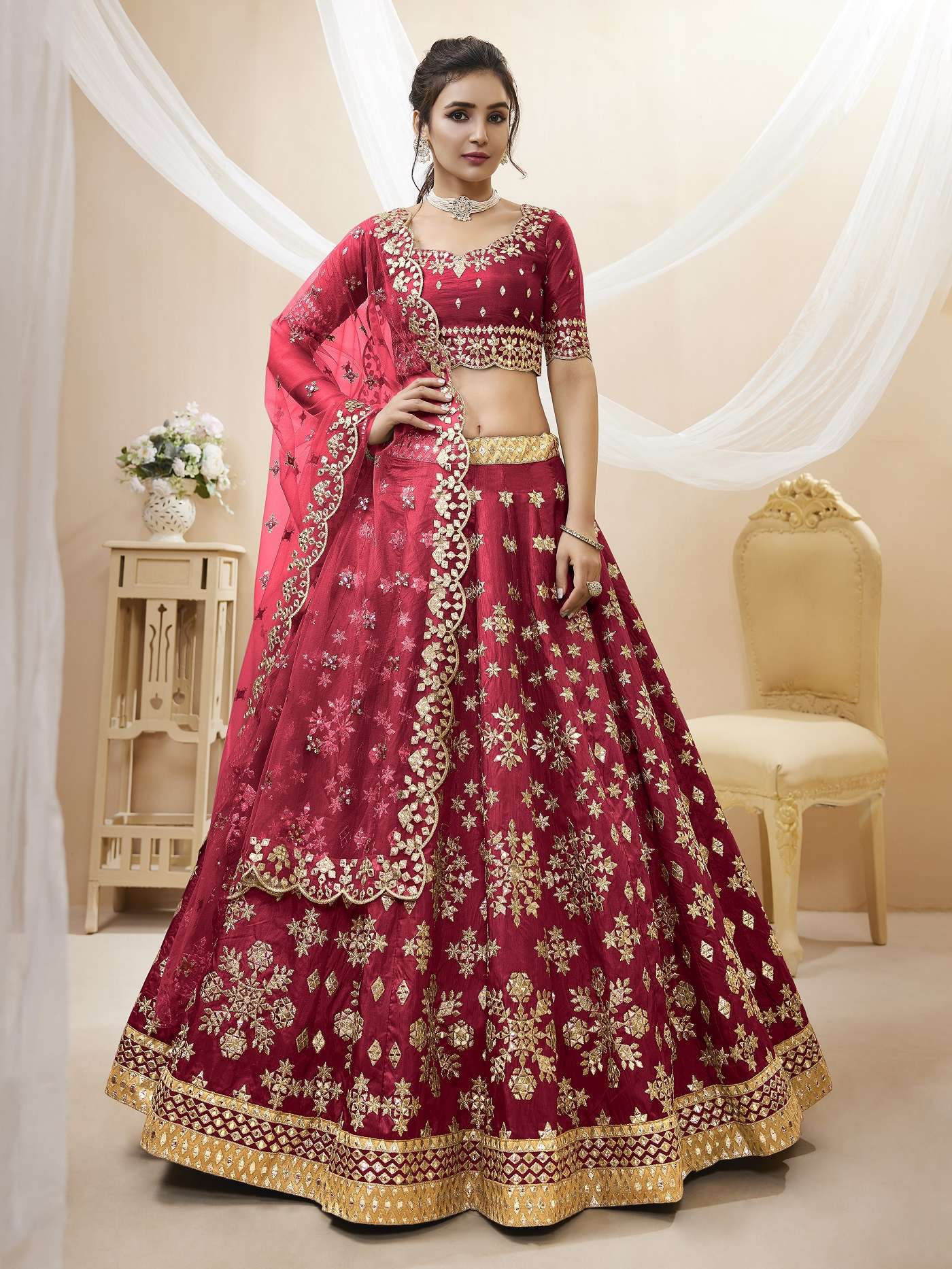 DESIGNER FANCY WEDDING PARTY WEAR INDIAN ART SILK RED BRIDAL LEHENGA CHOLI WITH NET DUPATTA ZC ANGELIC 502