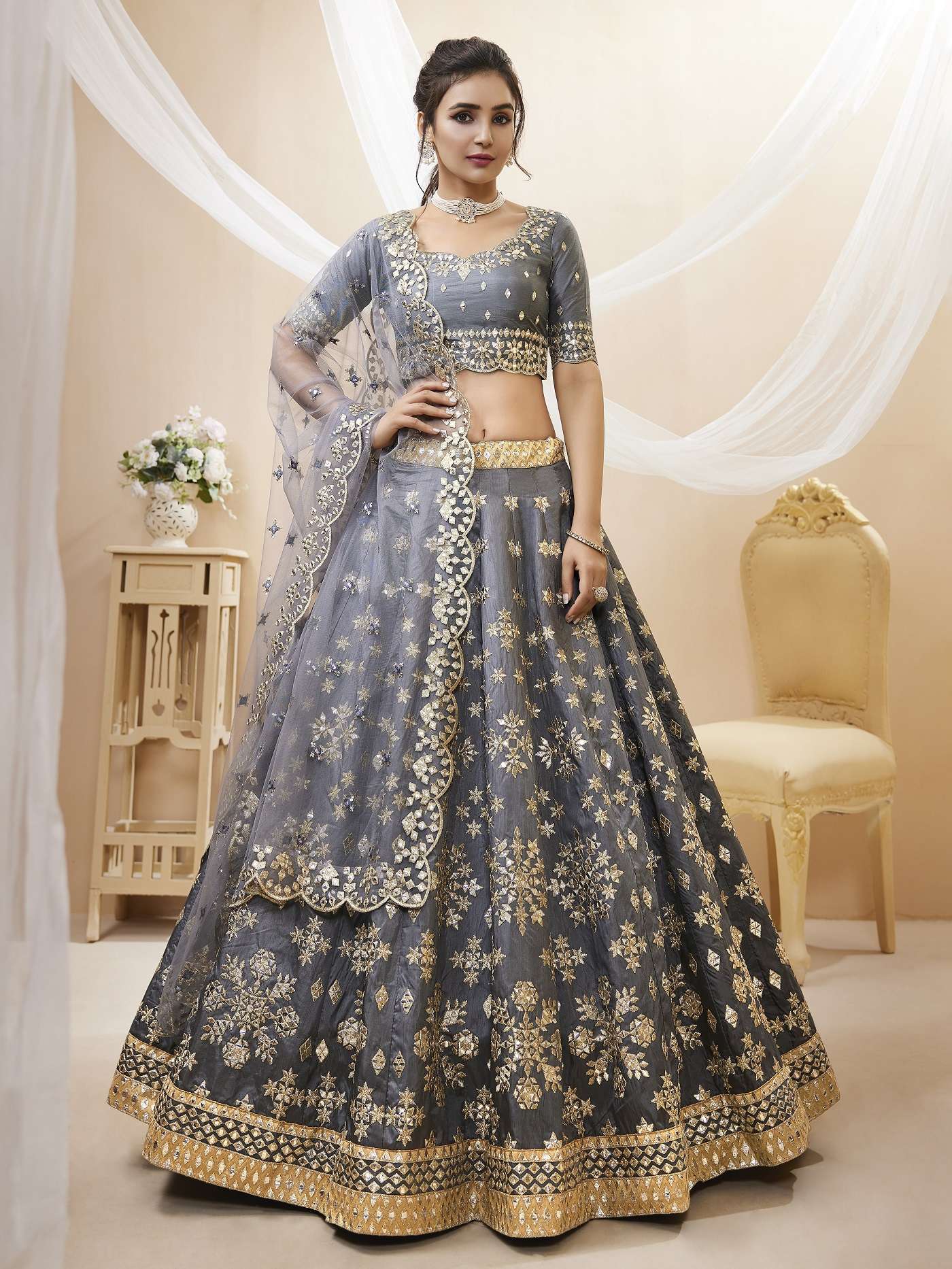 DESIGNER FANCY WEDDING PARTY WEAR INDIAN ART SILK GREY BRIDAL LEHENGA CHOLI WITH NET DUPATTA ZC ANGELIC 503