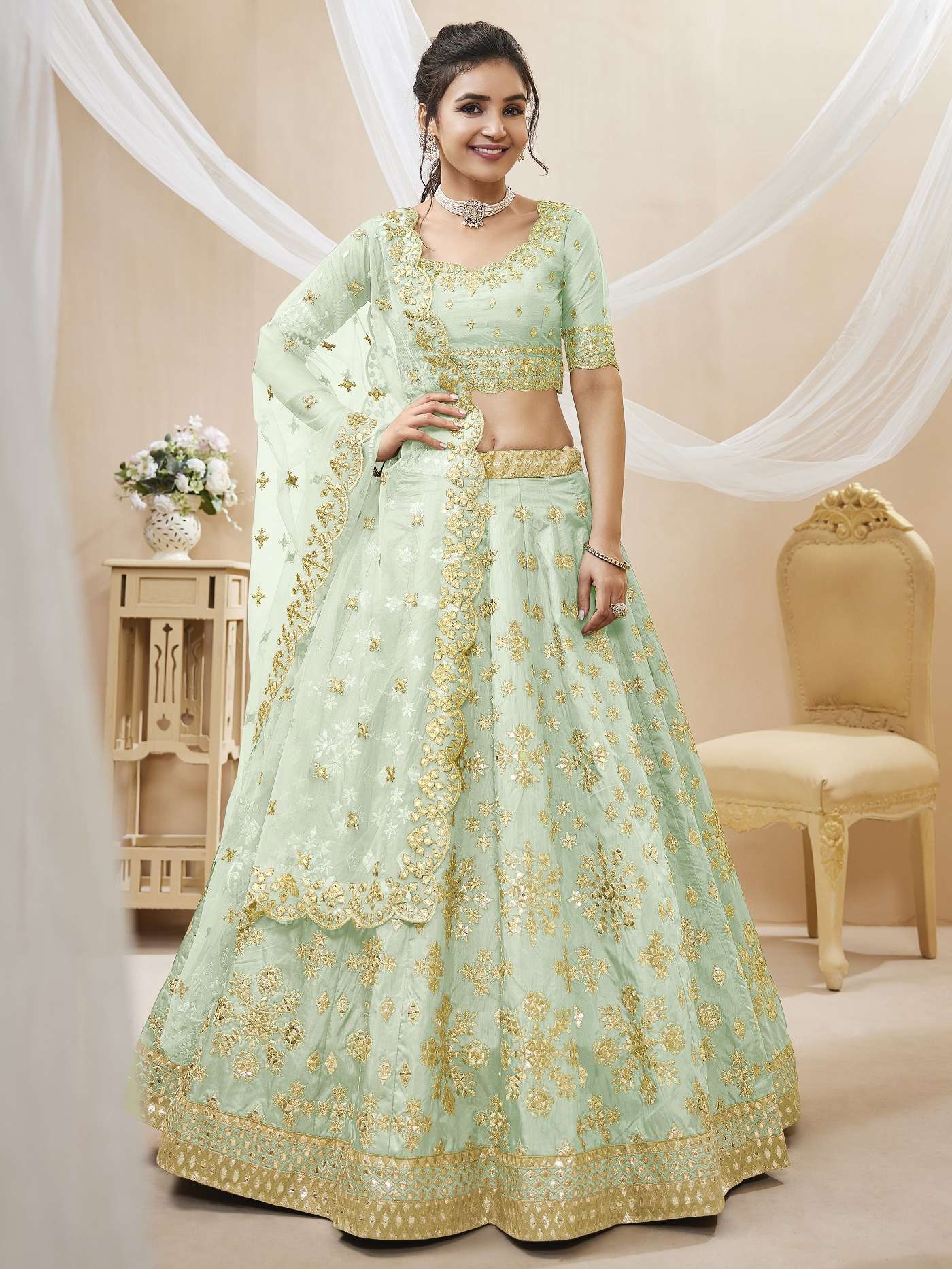 DESIGNER FANCY WEDDING PARTY WEAR INDIAN ART SILK PISTA BRIDAL LEHENGA CHOLI WITH NET DUPATTA ZC ANGELIC 504