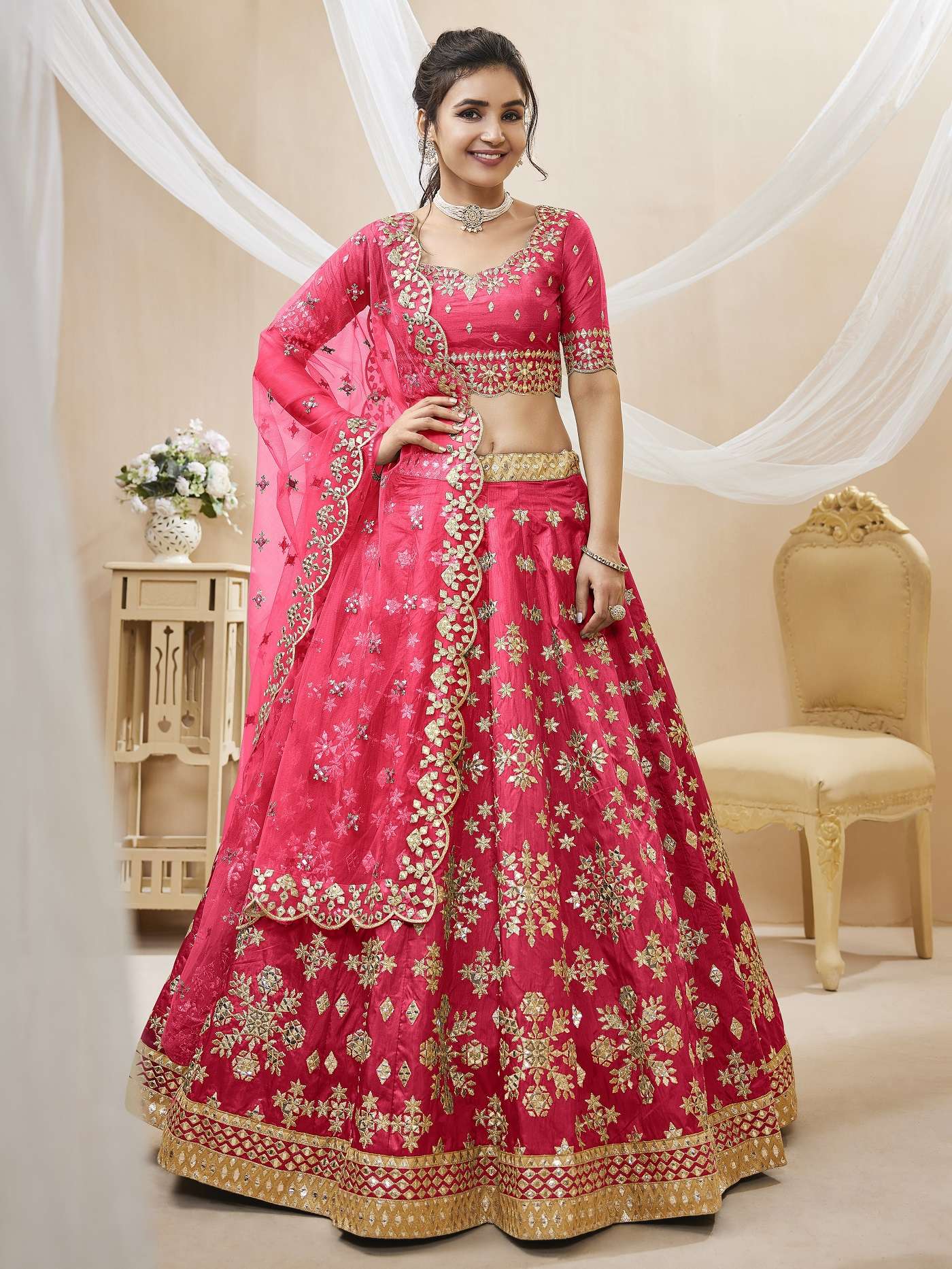 DESIGNER FANCY WEDDING PARTY WEAR INDIAN ART SILK PINK BRIDAL LEHENGA CHOLI WITH NET DUPATTA ZC ANGELIC 505