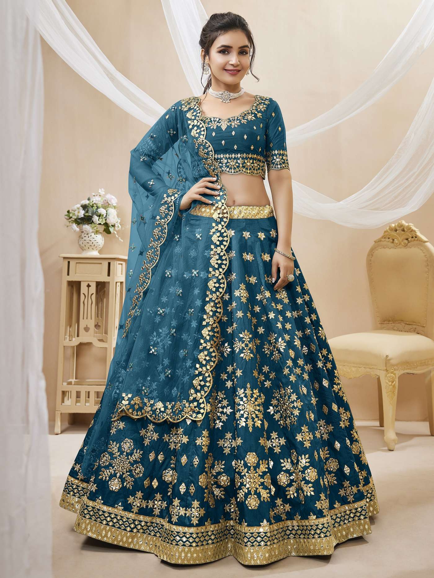 DESIGNER FANCY WEDDING PARTY WEAR INDIAN ART SILK BLUE BRIDAL LEHENGA CHOLI WITH NET DUPATTA ZC ANGELIC 506