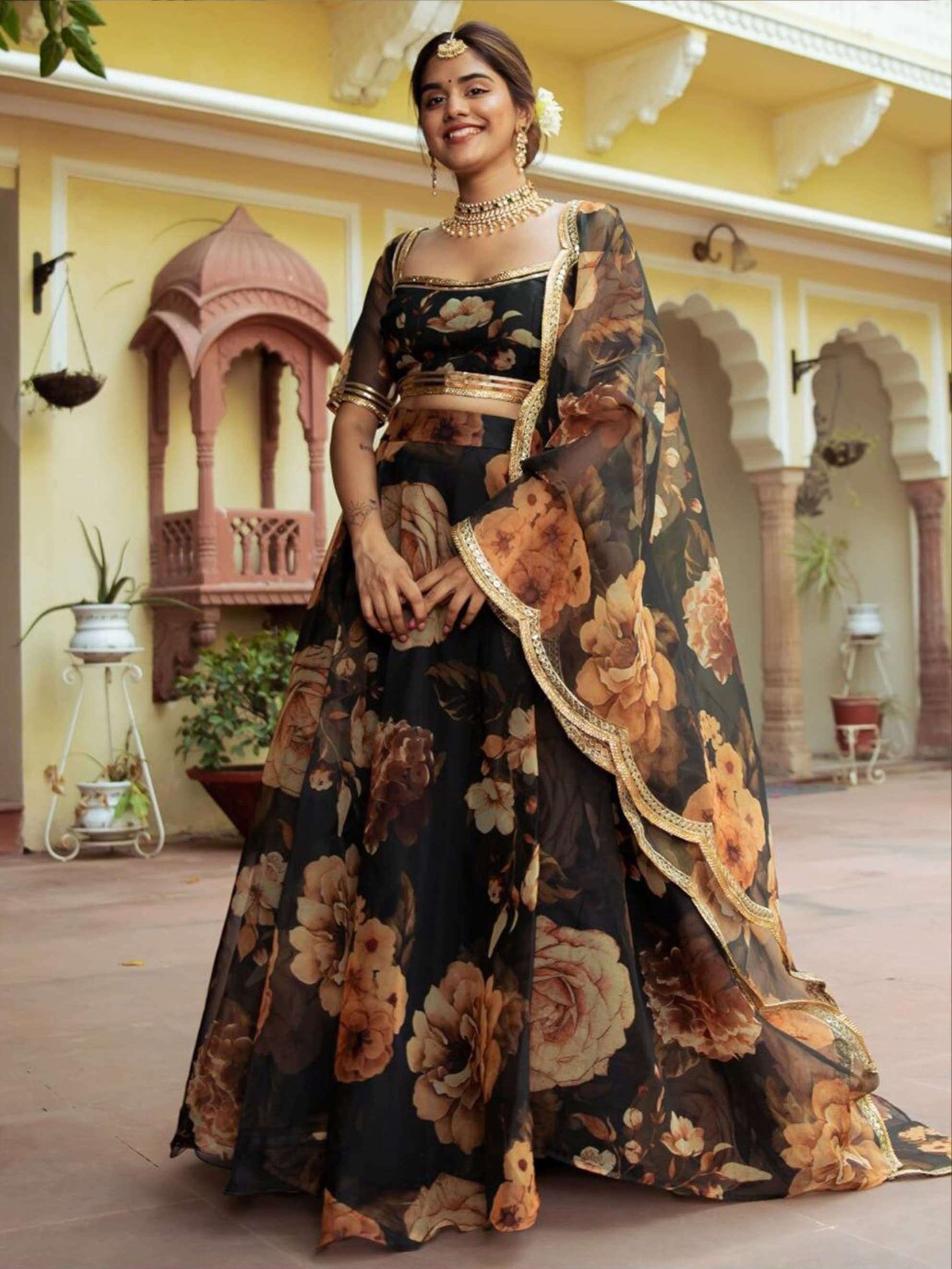 DESIGNER FANCY WEDDING PARTY WEAR INDIAN BLACK ORGANZA LEHENGA CHOLI WITH DUPATTA ZC 15054