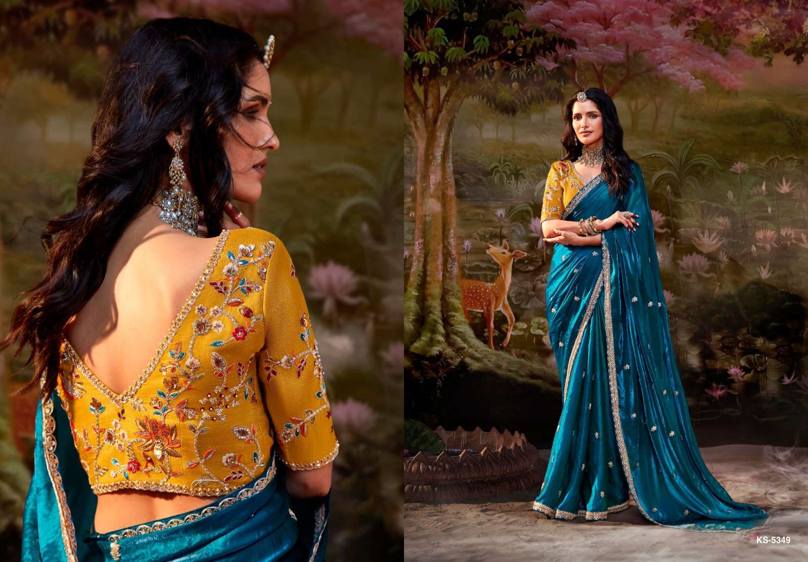 DESIGNER FANCY WEDDING PARTY WEAR INDIAN BLUE SAREE COLLECTION ORGANZA FABRIC SM KM KAJAL 5349