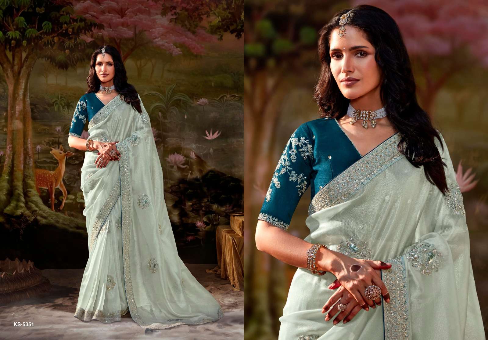 DESIGNER FANCY WEDDING PARTY WEAR INDIAN BLUE SAREE COLLECTION ORGANZA FABRIC SM KM KAJAL 5351