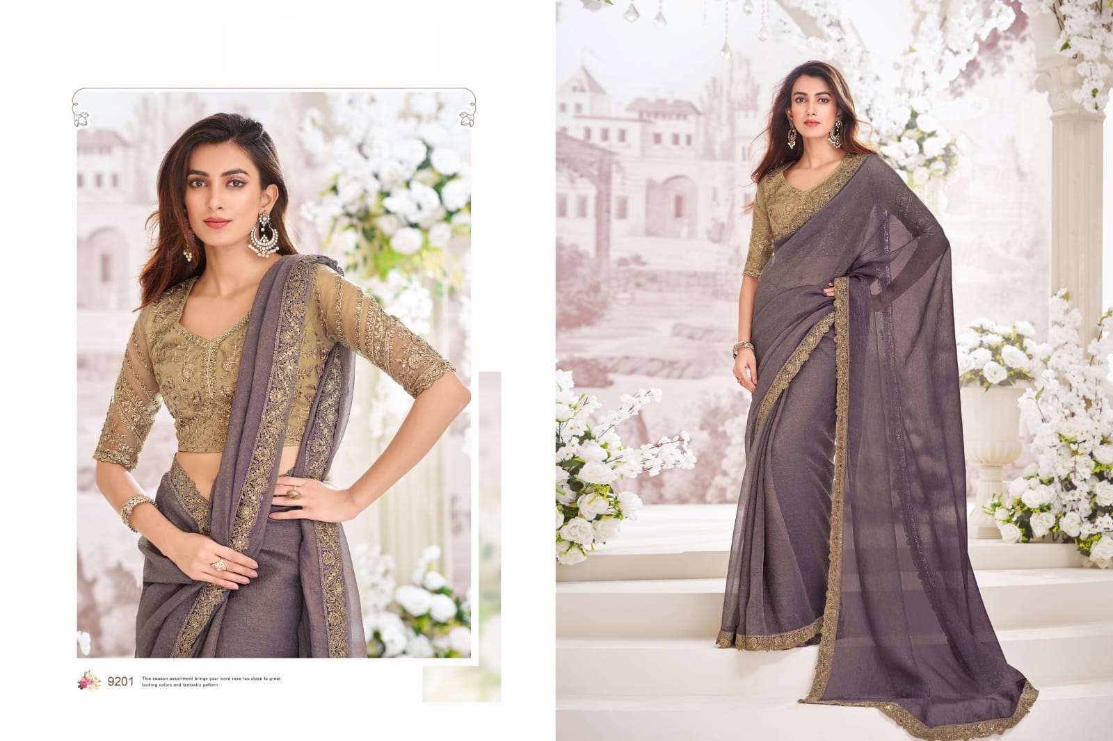 DESIGNER FANCY WEDDING PARTY WEAR INDIAN CHIFFON SILK GREY SAREE COLLECTION SM ANMOL 9201