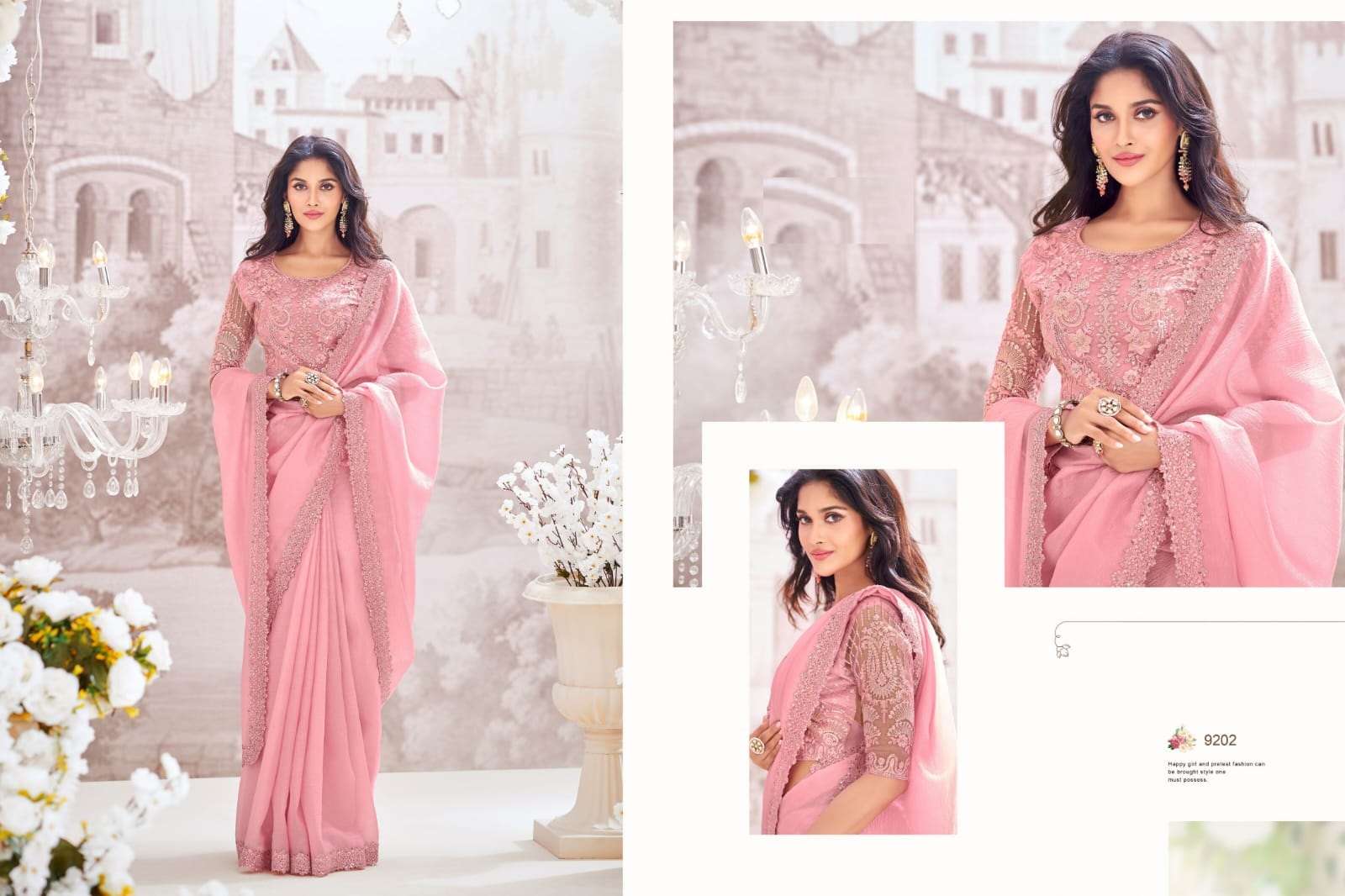 DESIGNER FANCY WEDDING PARTY WEAR INDIAN CHIFFON SILK PEACH SAREE COLLECTION SM ANMOL 9202