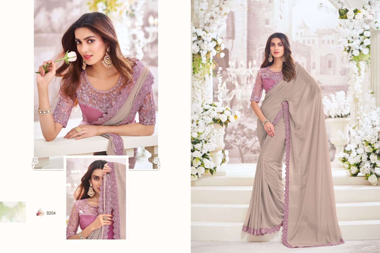 DESIGNER FANCY WEDDING PARTY WEAR INDIAN CHIFFON SILK GREY SAREE COLLECTION SM ANMOL 9204