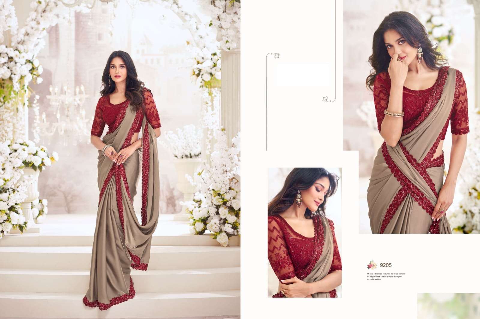 DESIGNER FANCY WEDDING PARTY WEAR INDIAN CHIFFON SILK CHIKU SAREE COLLECTION SM ANMOL 9205