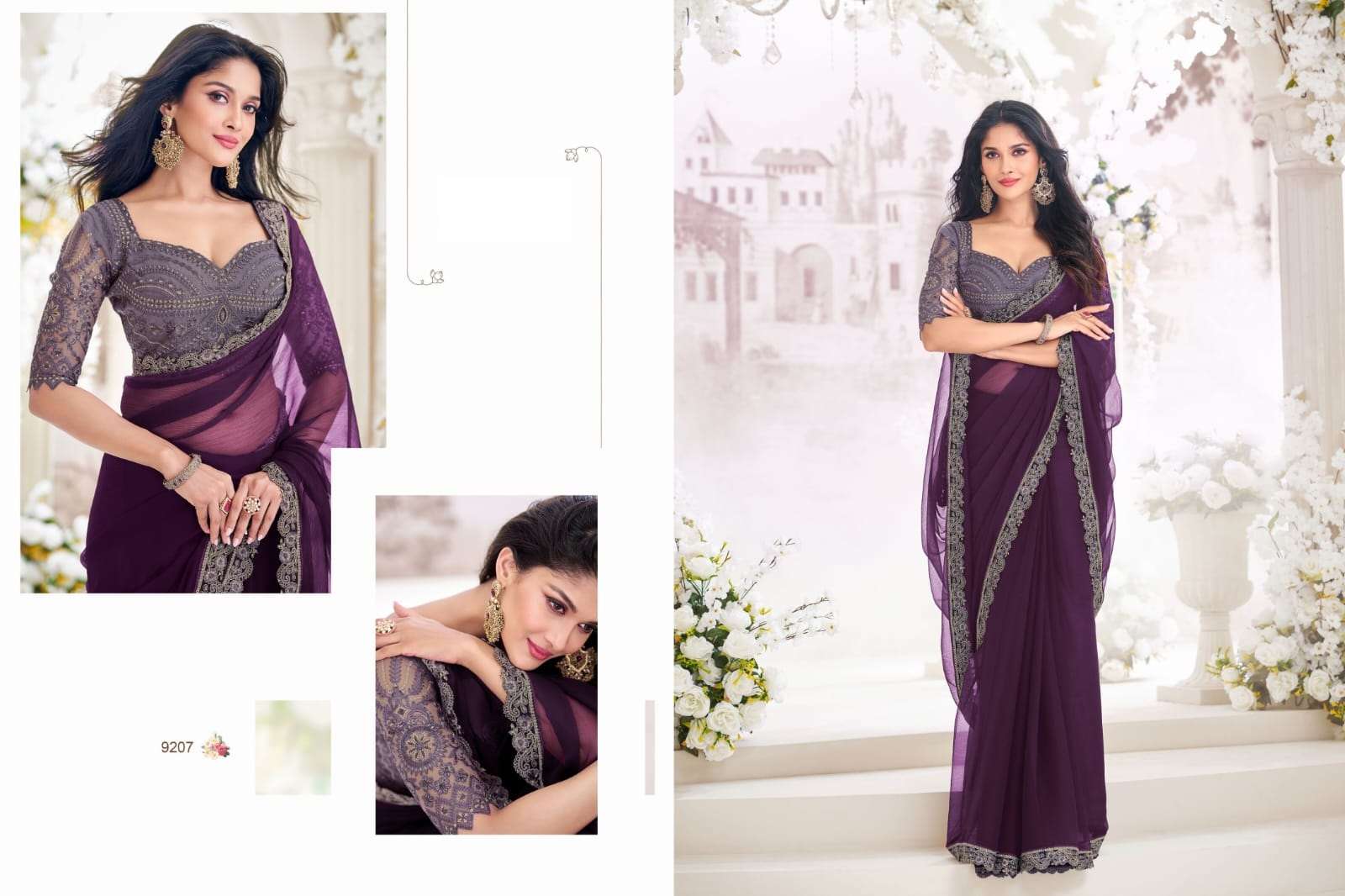 DESIGNER FANCY WEDDING PARTY WEAR INDIAN CHIFFON SILK WINE SAREE COLLECTION SM ANMOL 9207