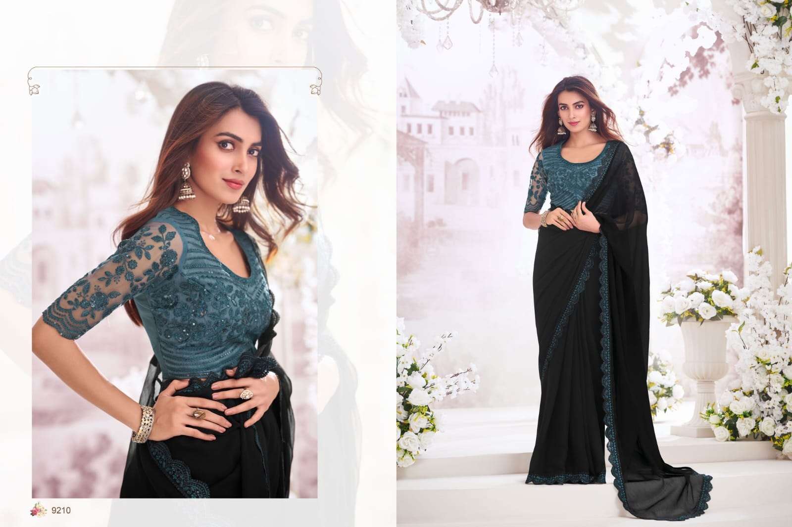 DESIGNER FANCY WEDDING PARTY WEAR INDIAN CHIFFON SILK BLACK SAREE COLLECTION SM ANMOL 9210