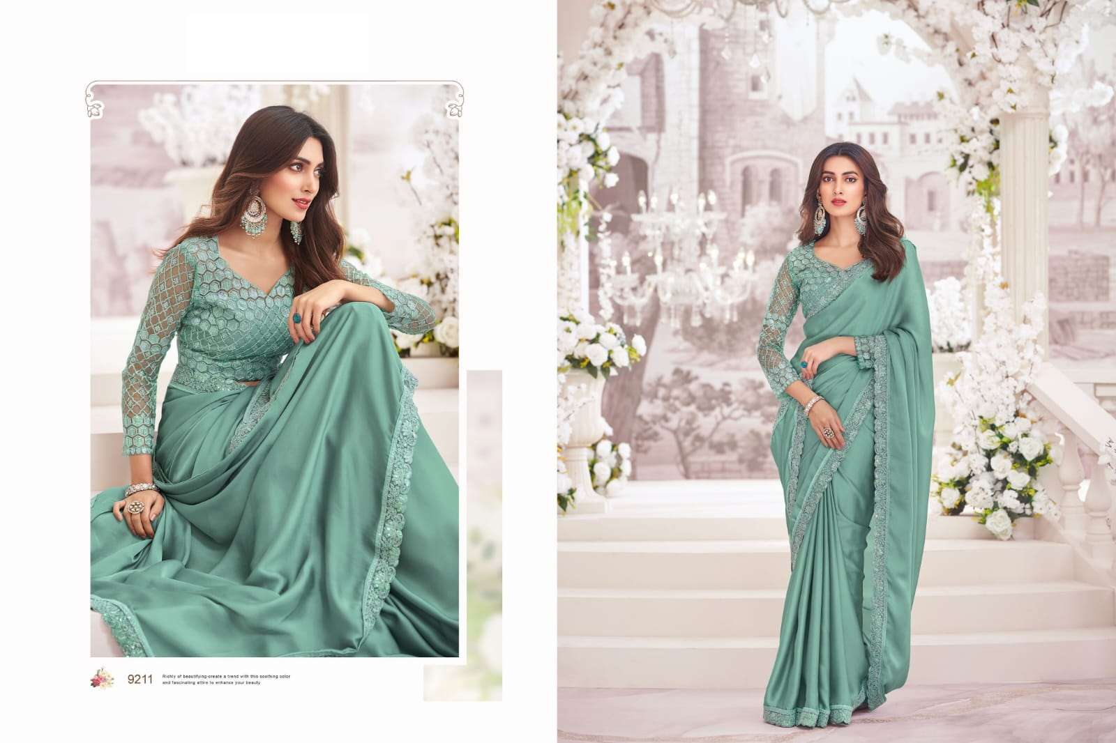 DESIGNER FANCY WEDDING PARTY WEAR INDIAN CHIFFON SILK GREEN SAREE COLLECTION SM ANMOL 9211