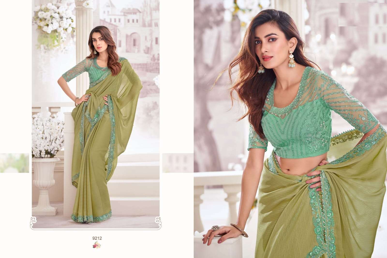 DESIGNER FANCY WEDDING PARTY WEAR INDIAN CHIFFON SILK GREEN SAREE COLLECTION SM ANMOL 9212