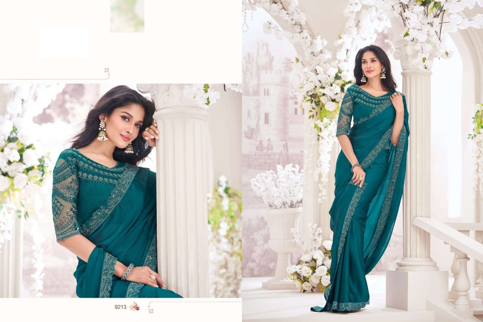 DESIGNER FANCY WEDDING PARTY WEAR INDIAN CHIFFON SILK GREEN BLUE SAREE COLLECTION SM ANMOL 9213