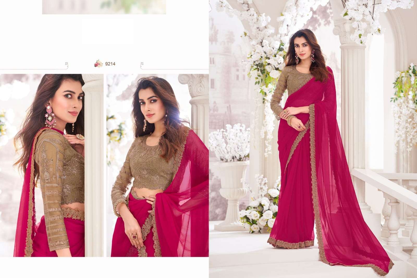 DESIGNER FANCY WEDDING PARTY WEAR INDIAN CHIFFON SILK RED SAREE COLLECTION SM ANMOL 9214