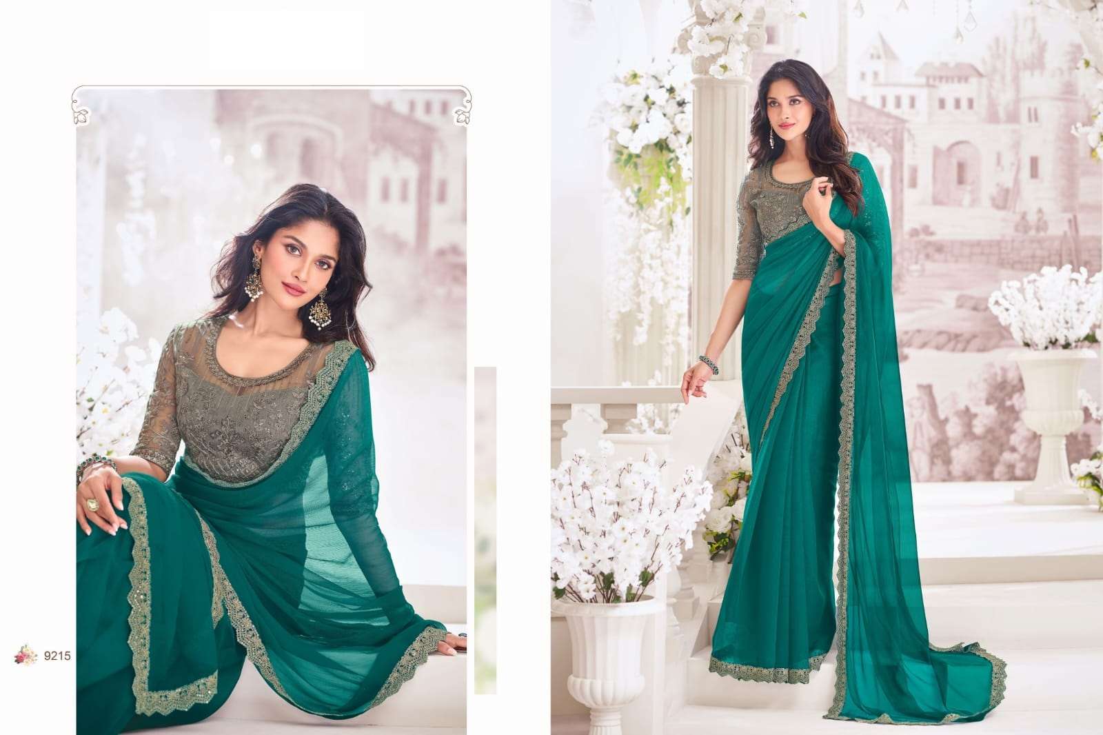 DESIGNER FANCY WEDDING PARTY WEAR INDIAN CHIFFON SILK GREEN SAREE COLLECTION SM ANMOL 9215