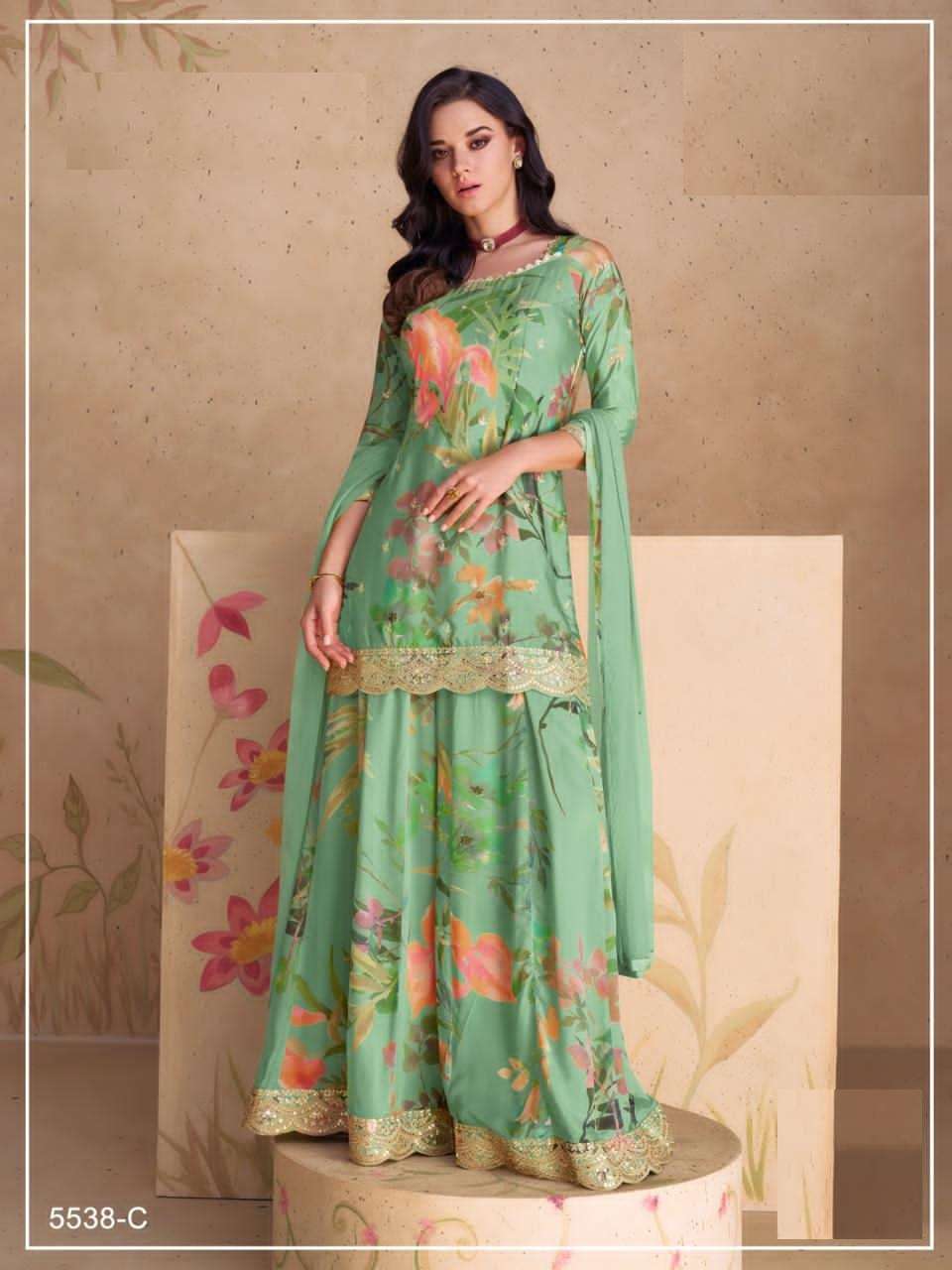 DESIGNER FANCY WEDDING PARTY WEAR INDIAN CHINON MINT GREEN SILK SHARARA PALAZZO SALWAR SUIT JG SANGAM 5538 C