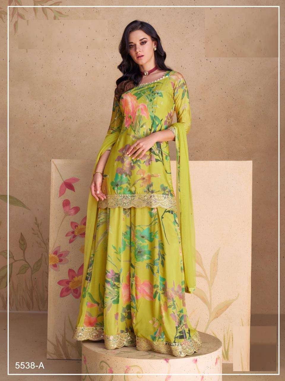 DESIGNER FANCY WEDDING PARTY WEAR INDIAN CHINON SILK GREEN SHARARA PALAZZO SALWAR SUIT JG SANGAM 5538 A