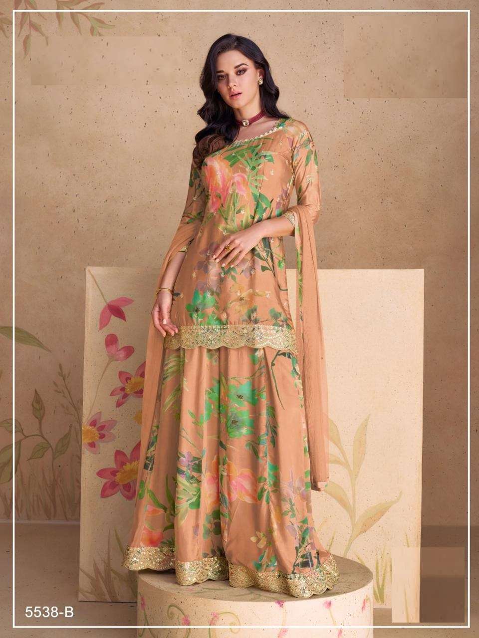 DESIGNER FANCY WEDDING PARTY WEAR INDIAN CHINON SILK ORANGE PEACH SHARARA PALAZZO SALWAR SUIT JG SANGAM 5538 B