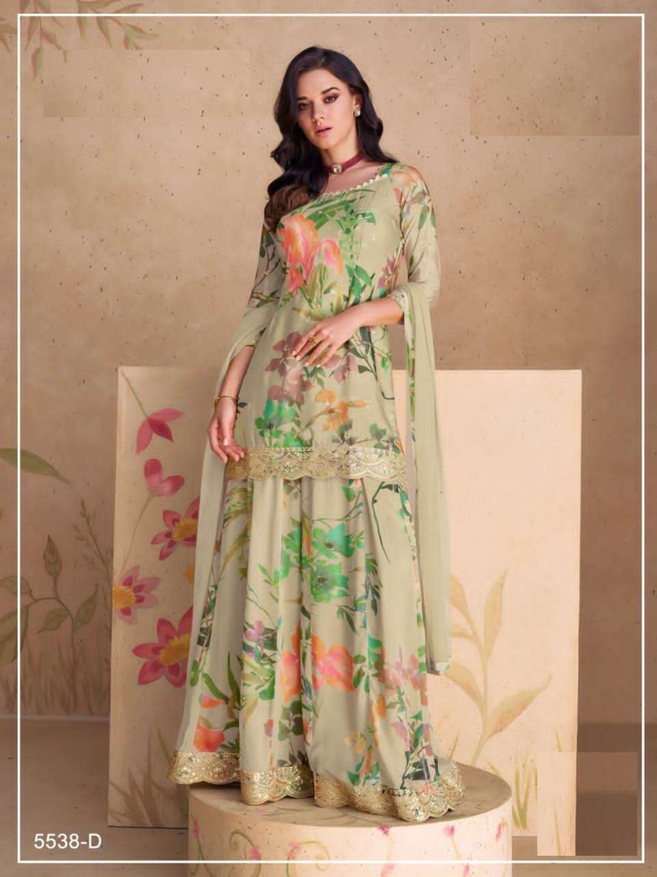 DESIGNER FANCY WEDDING PARTY WEAR INDIAN CHINON SILK LIGHT GREEN SHARARA PALAZZO SALWAR SUIT JG SANGAM 5538 D