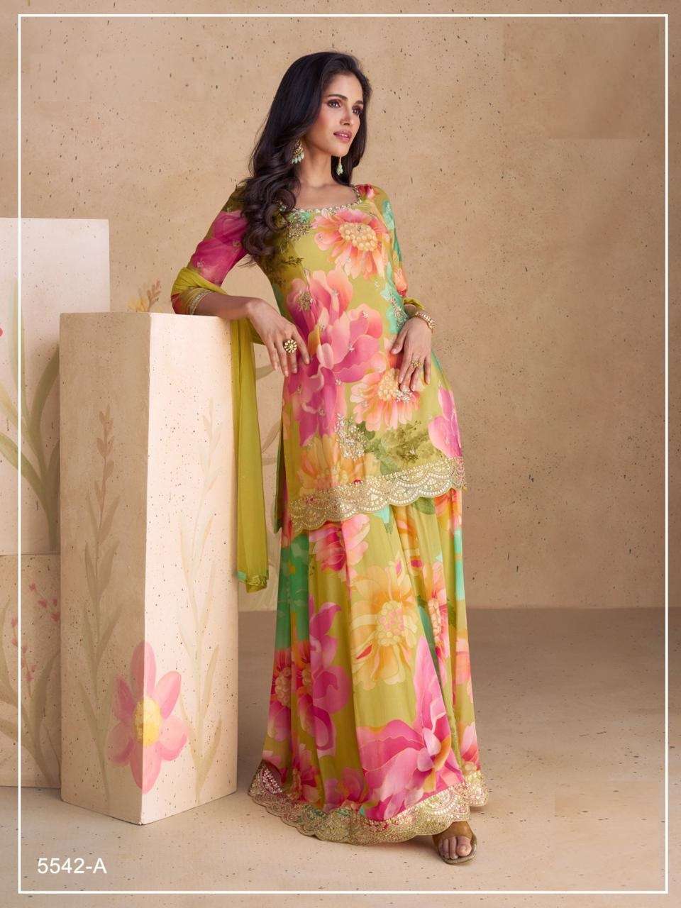 DESIGNER FANCY WEDDING PARTY WEAR INDIAN CHINON SILK YELLOW SHARARA PALAZZO SALWAR SUIT JG SANGAM 5542 A