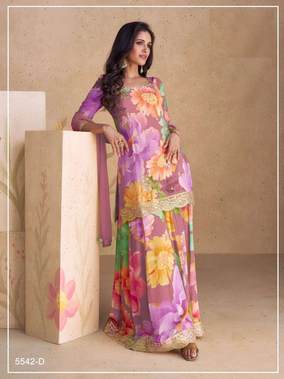 DESIGNER FANCY WEDDING PARTY WEAR INDIAN CHINON SILK PURPLE SHARARA PALAZZO SALWAR SUIT JG SANGAM 5542 D