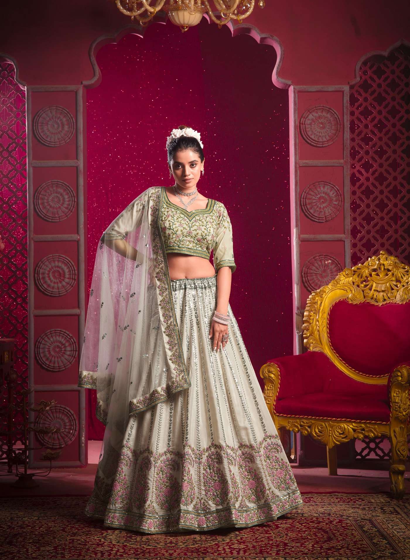 DESIGNER FANCY WEDDING PARTY WEAR INDIAN CREME SILK BRIDAL LEHENGA CHOLI WITH DUPATTA DST ANTSH 11021