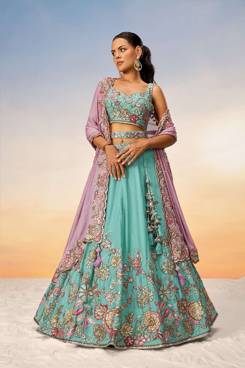 DESIGNER FANCY WEDDING PARTY WEAR INDIAN GEORGETTE SKY BLUE BRIDAL LEHENGA CHOLI WITH DUPATTA SM PL 6031 A