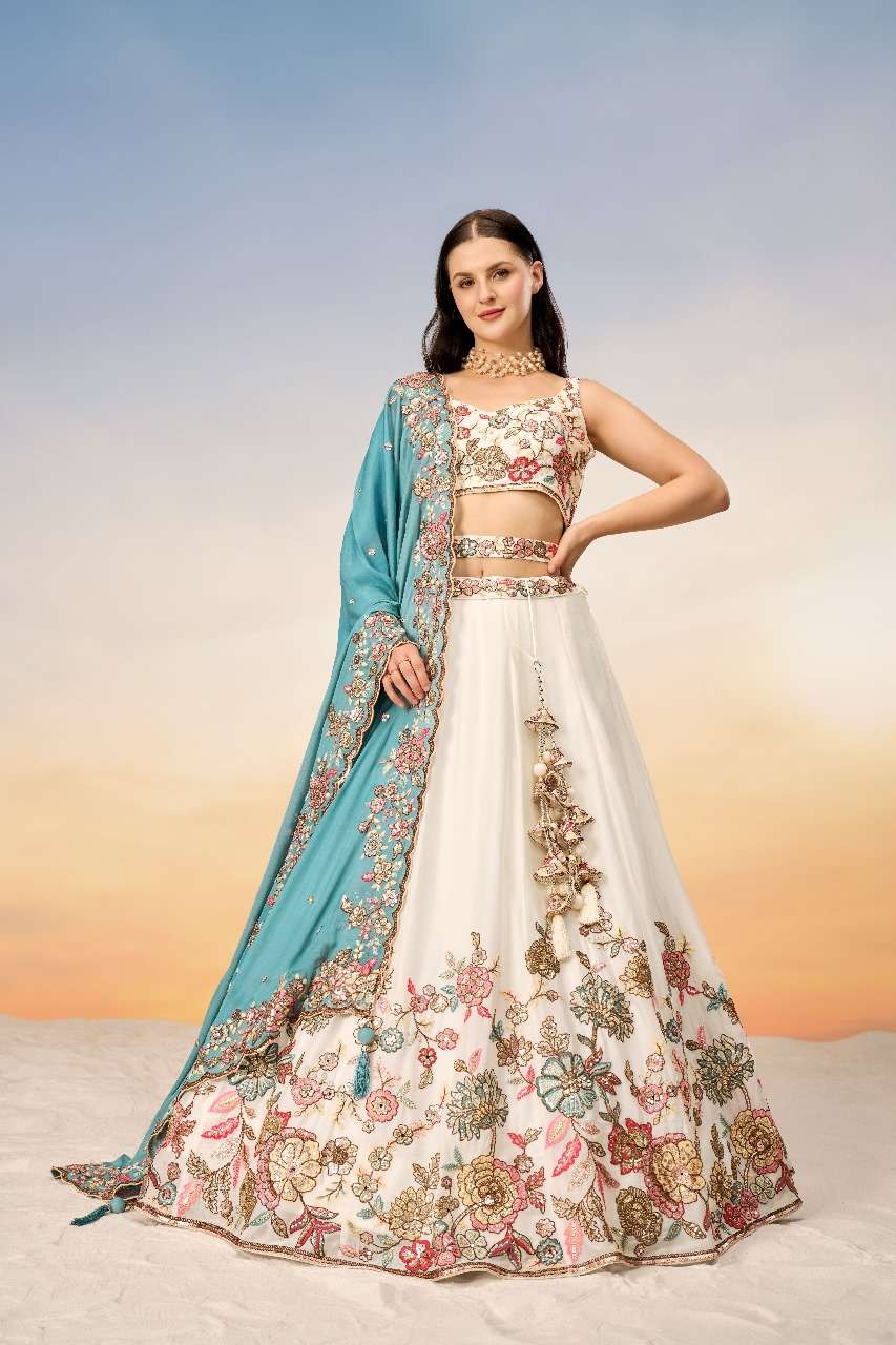 DESIGNER FANCY WEDDING PARTY WEAR INDIAN GEORGETTE WHITE BRIDAL LEHENGA CHOLI WITH DUPATTA SM PL 6031 B