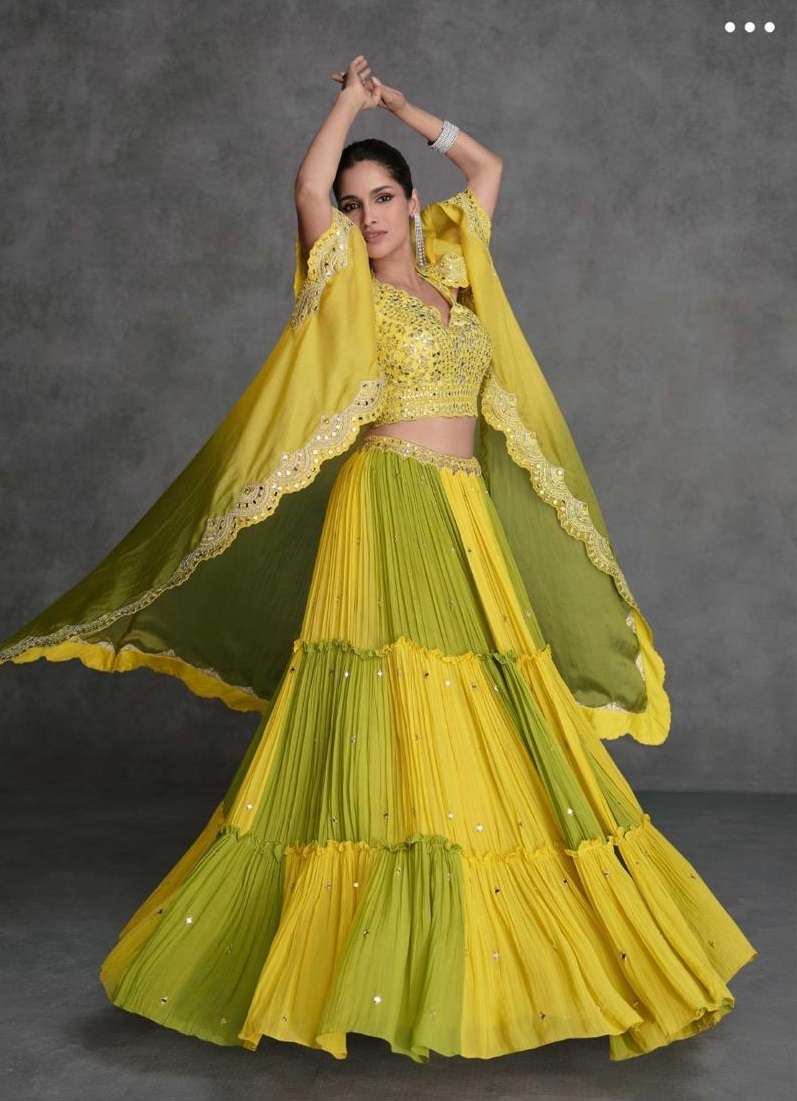 DESIGNER FANCY WEDDING PARTY WEAR INDIAN GEORGETTE GREEN YELLOW LEHENGA CHOLI WITH DUPATTA SY JUGNI 5562