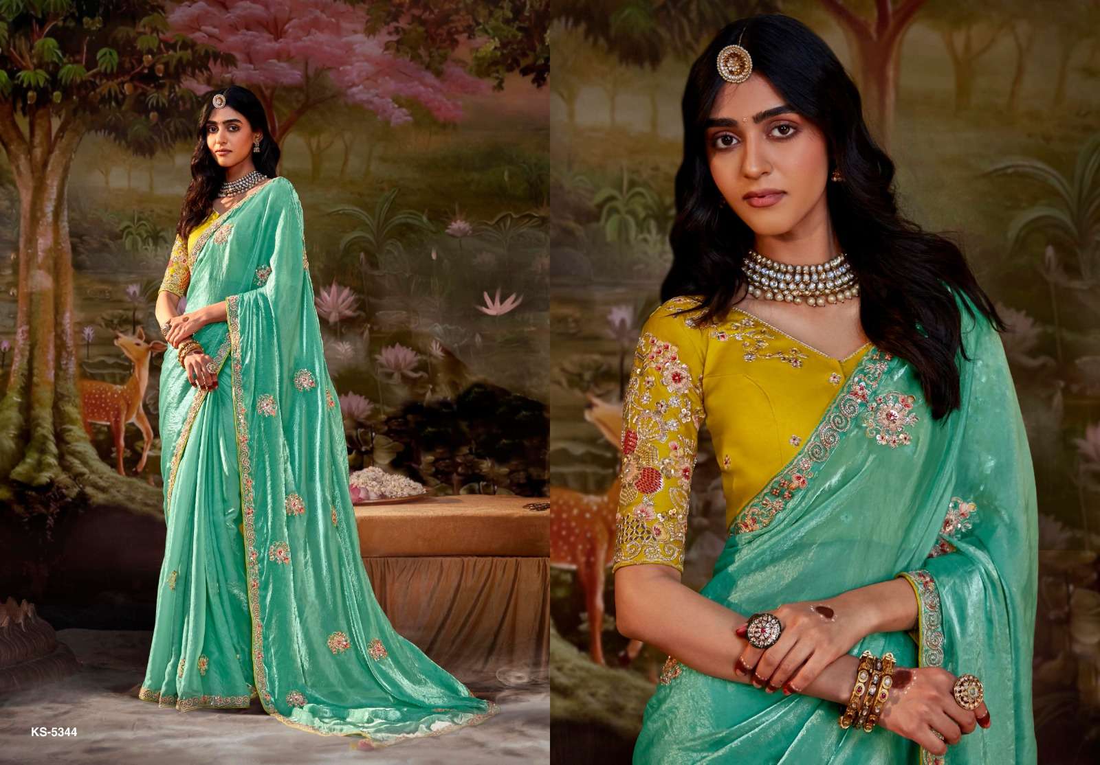 DESIGNER FANCY WEDDING PARTY WEAR INDIAN GREEN SAREE COLLECTION ORGANZA FABRIC SM KM KAJAL 5344