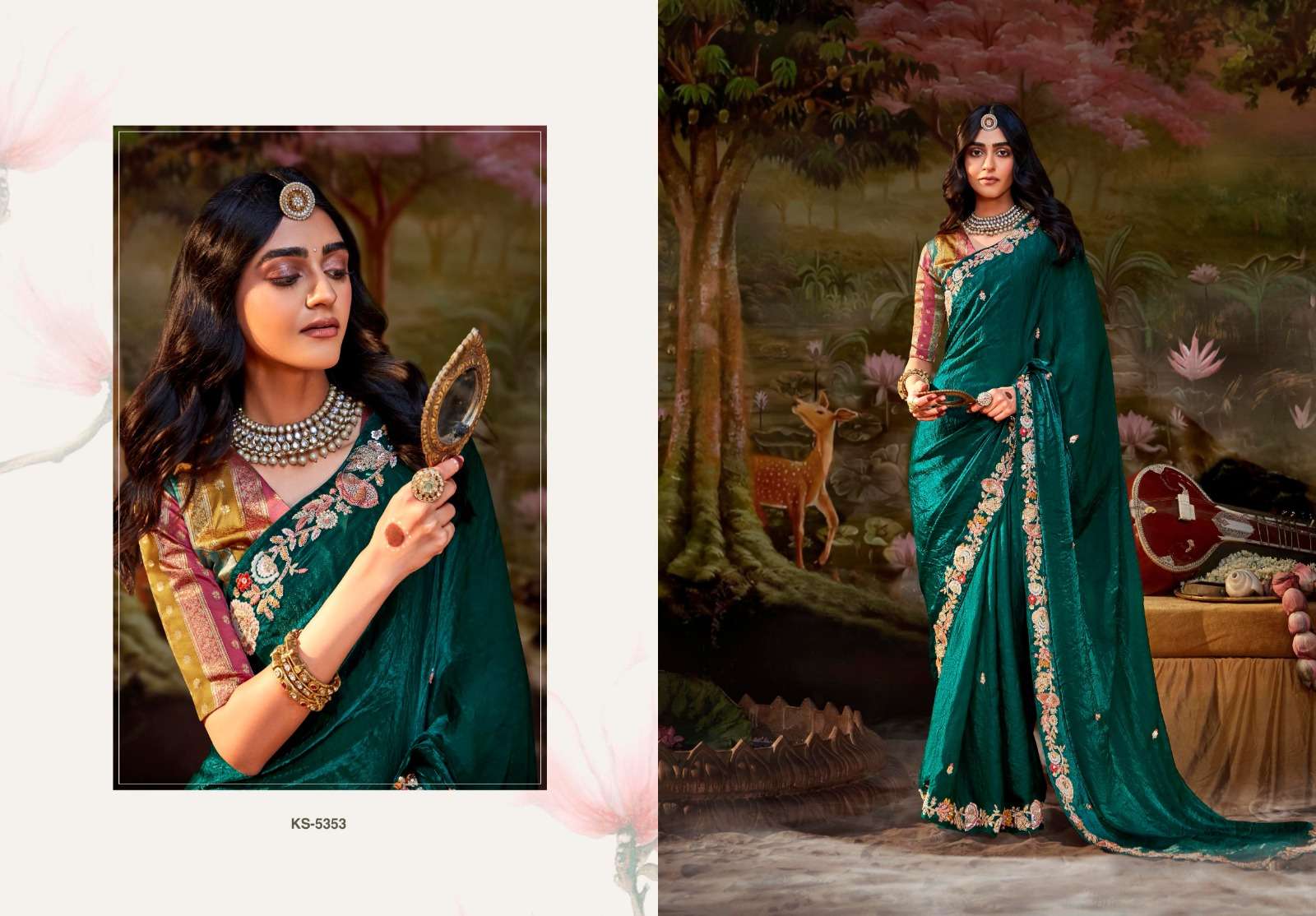 DESIGNER FANCY WEDDING PARTY WEAR INDIAN GREEN SAREE COLLECTION ORGANZA FABRIC SM KM KAJAL 5353