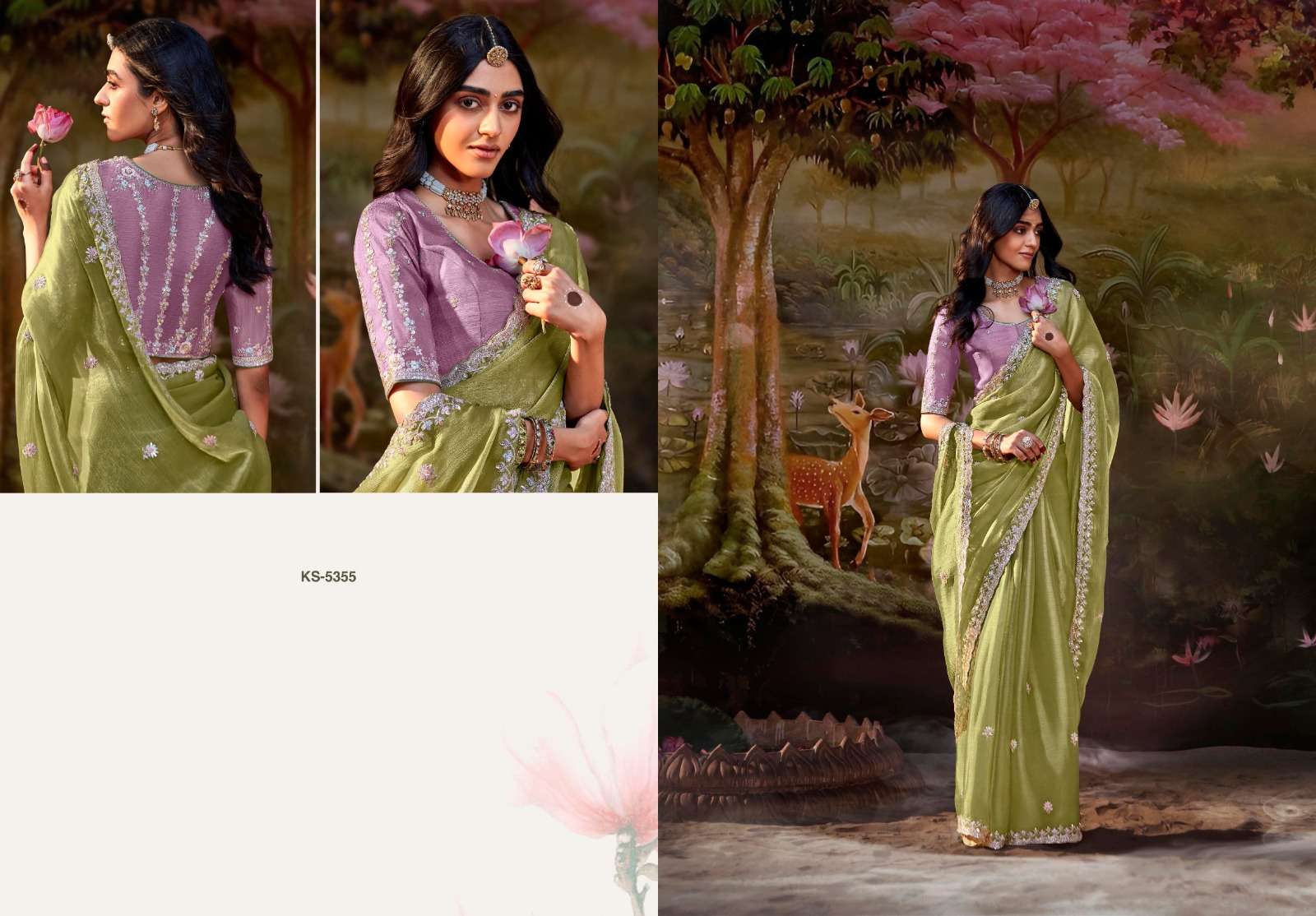 DESIGNER FANCY WEDDING PARTY WEAR INDIAN GREEN SAREE COLLECTION ORGANZA FABRIC SM KM KAJAL 5355