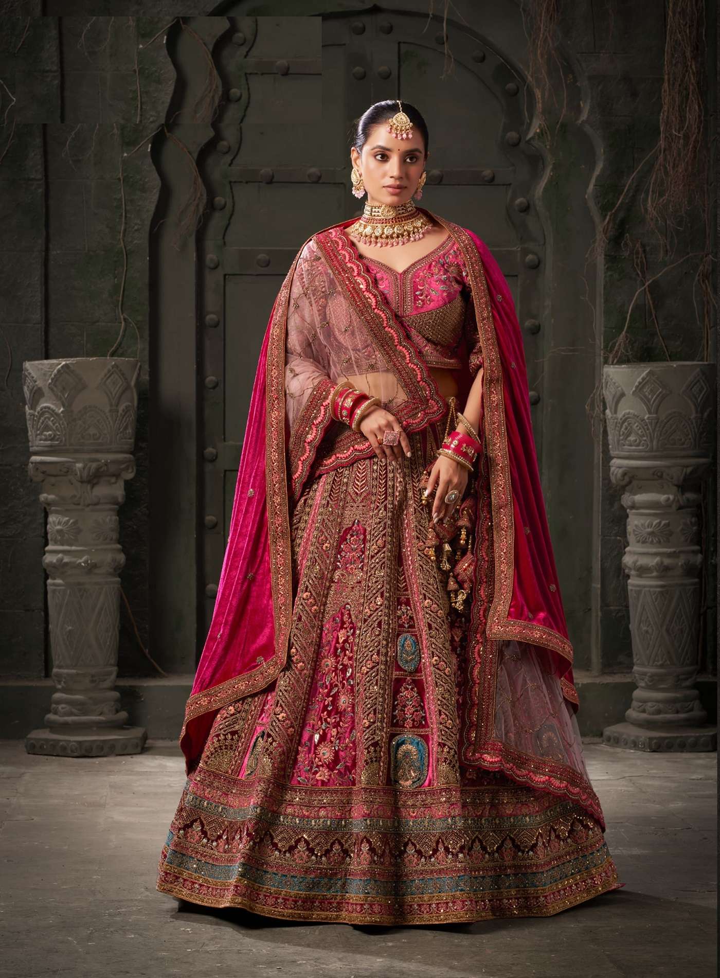 DESIGNER FANCY WEDDING PARTY WEAR INDIAN LYCRA VELVET MAROON BRIDAL LEHENGA CHOLI WITH DOUBLE DUPATTA NVN ANTSH 13001