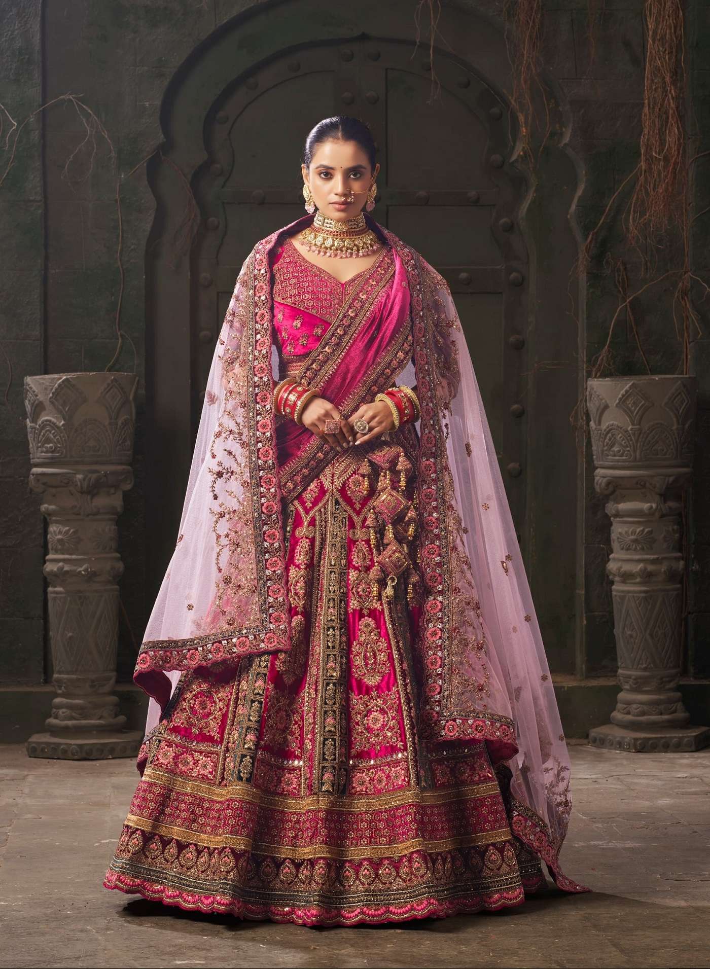 DESIGNER FANCY WEDDING PARTY WEAR INDIAN LYCRA VELVET RANI PINK BRIDAL LEHENGA CHOLI WITH DOUBLE DUPATTA NVN ANTSH 13002