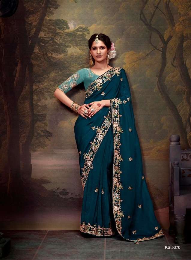 DESIGNER FANCY WEDDING PARTY WEAR INDIAN ORGANZA BLUE SAREE COLLECTION SM KM NAVELI 5370