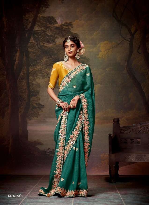 DESIGNER FANCY WEDDING PARTY WEAR INDIAN ORGANZA GREEN SAREE COLLECTION SM KM NAVELI 5363