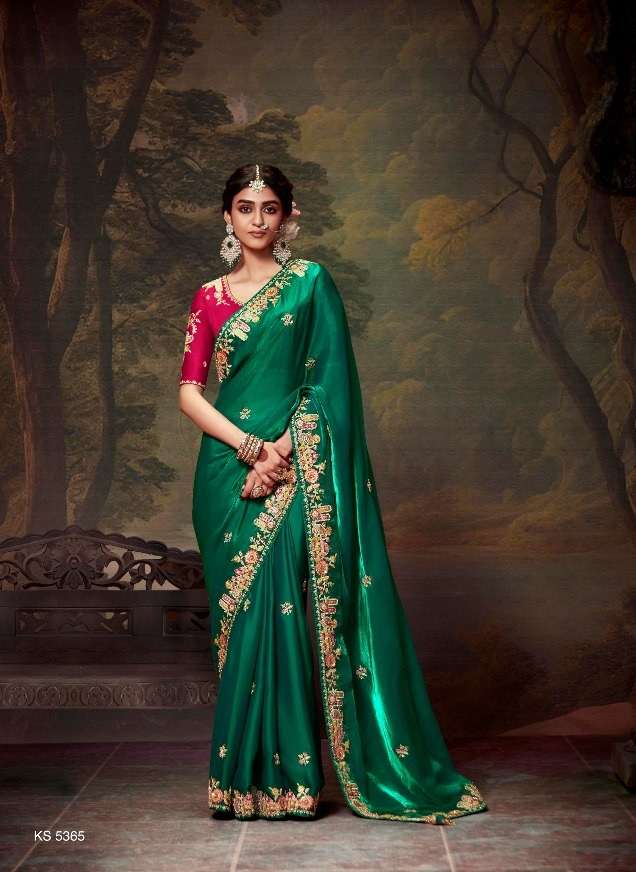 DESIGNER FANCY WEDDING PARTY WEAR INDIAN ORGANZA GREEN SAREE COLLECTION SM KM NAVELI 5365