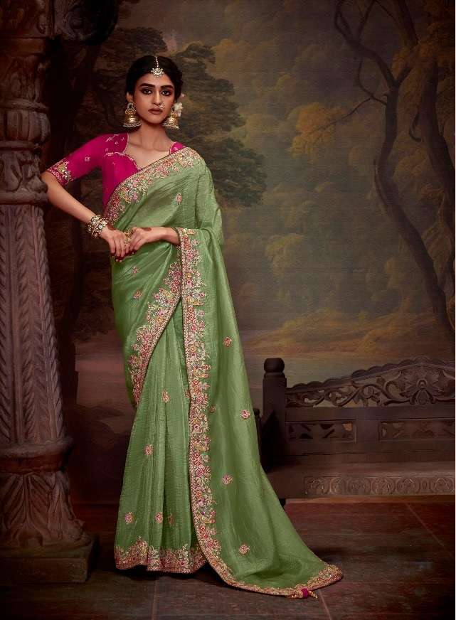 DESIGNER FANCY WEDDING PARTY WEAR INDIAN ORGANZA GREEN SAREE COLLECTION SM KM NAVELI 5367