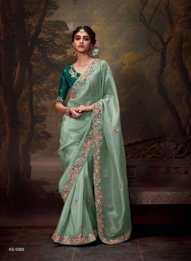 DESIGNER FANCY WEDDING PARTY WEAR INDIAN ORGANZA GREEN SAREE COLLECTION SM KM NAVELI 5369