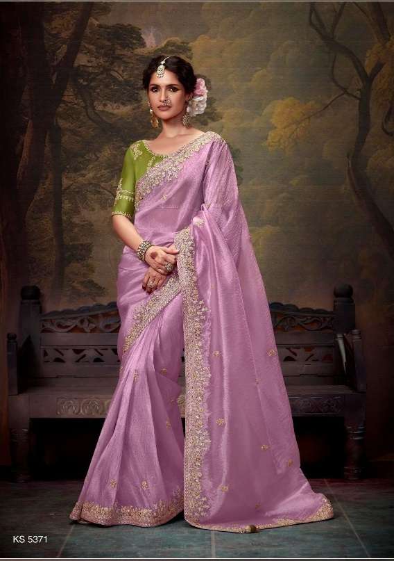 DESIGNER FANCY WEDDING PARTY WEAR INDIAN ORGANZA LAVENDER SAREE COLLECTION SM KM NAVELI 5371