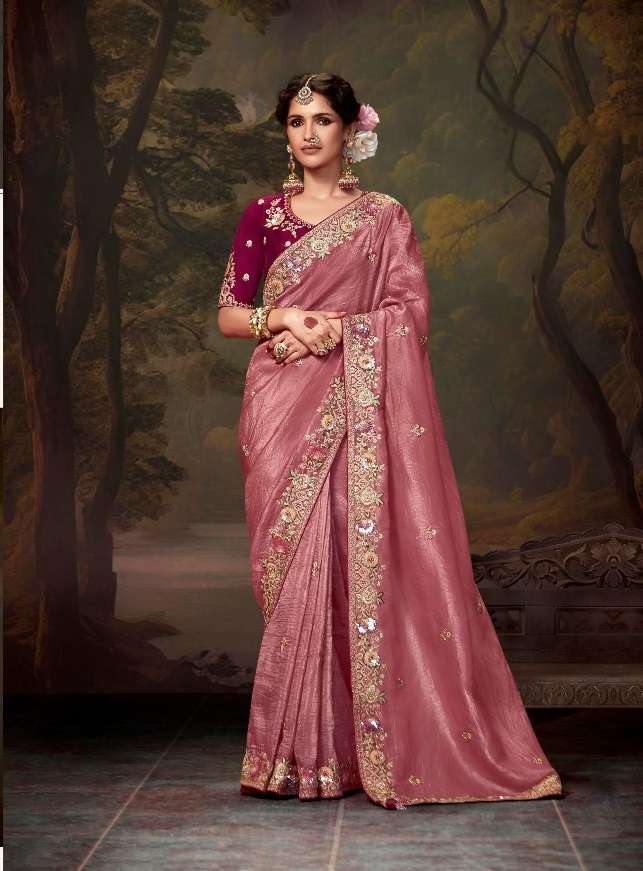 DESIGNER FANCY WEDDING PARTY WEAR INDIAN ORGANZA PEACH SAREE COLLECTION SM KM NAVELI 5366